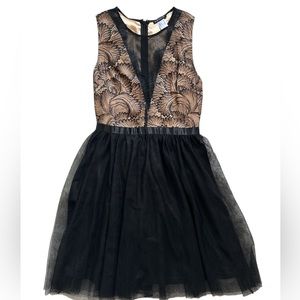 VENUS Black & Tan Lace Overlay Dress Tulle Skirt Sleeveless  Deep V